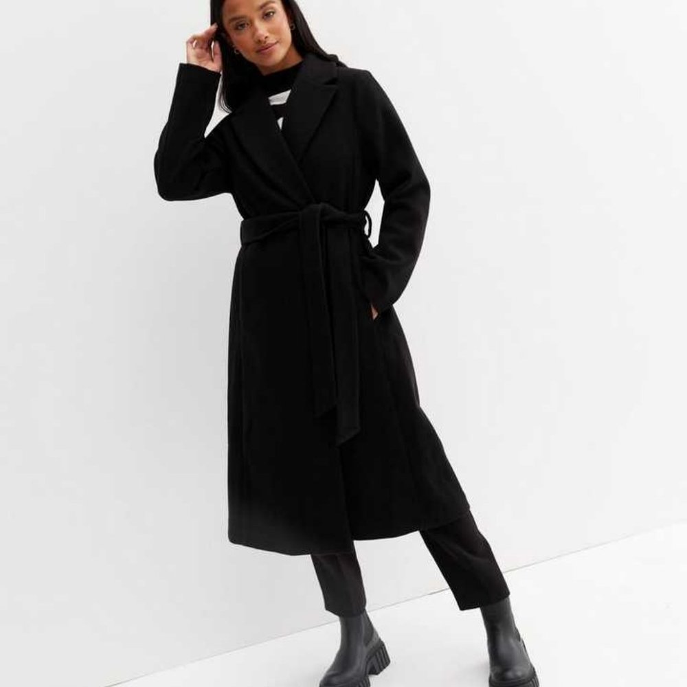 New Look Petite Black Unlined Belted Long Coat